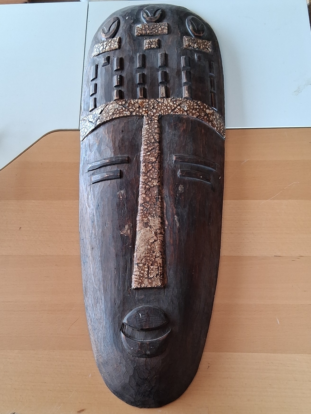 Hand-Carved Dark Brown Tribal Wall Mask with Gold Accents